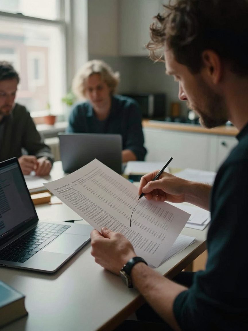 Producer bekijkt tracklist en notities aan keukentafel voor sessie.