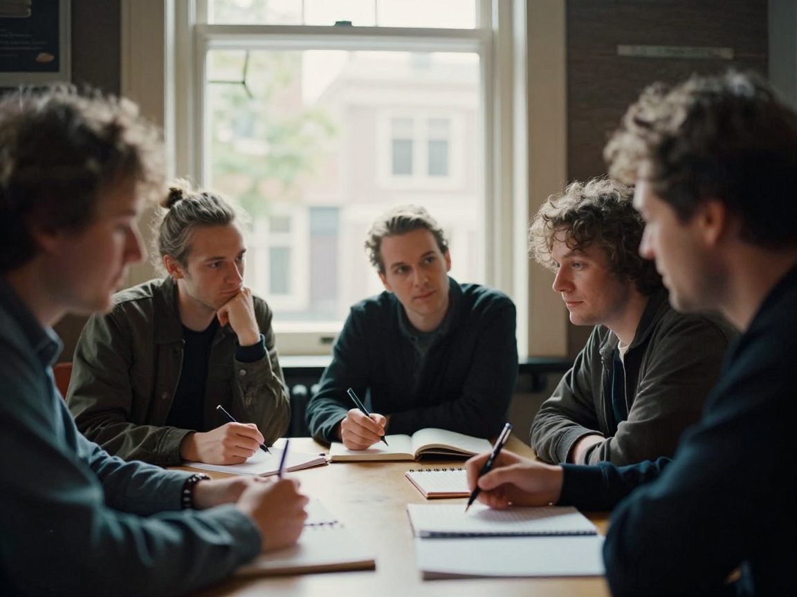Bandleden bespreken afspraken aan tafel met notitieblokken.