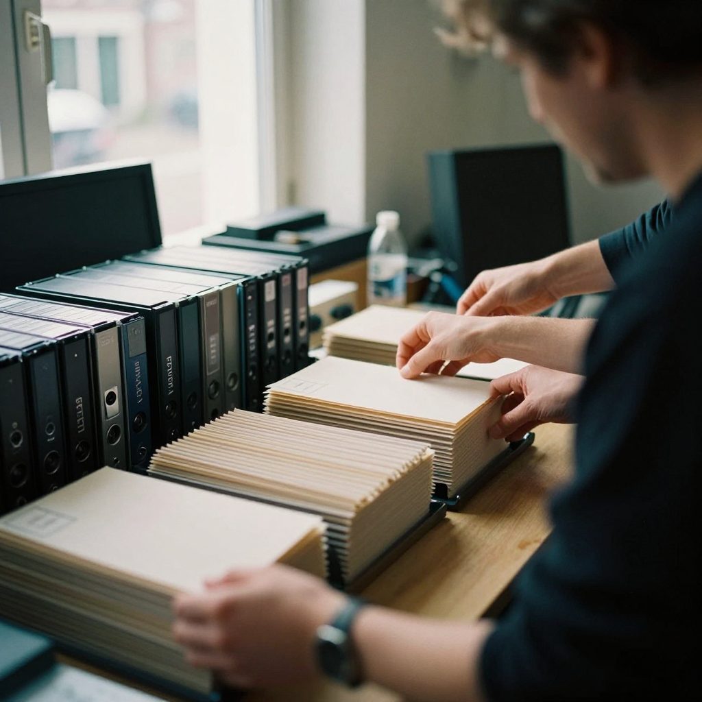 Handen ordenen mappen met audiobestanden naast harde schijven op bureau.