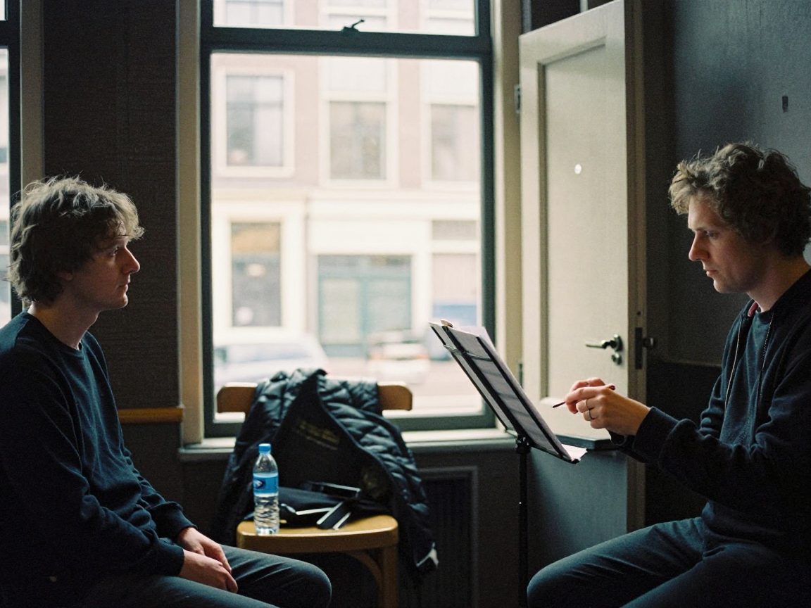 Muzikant warmt op bij partituur naast studiodeur met jas op stoel.
