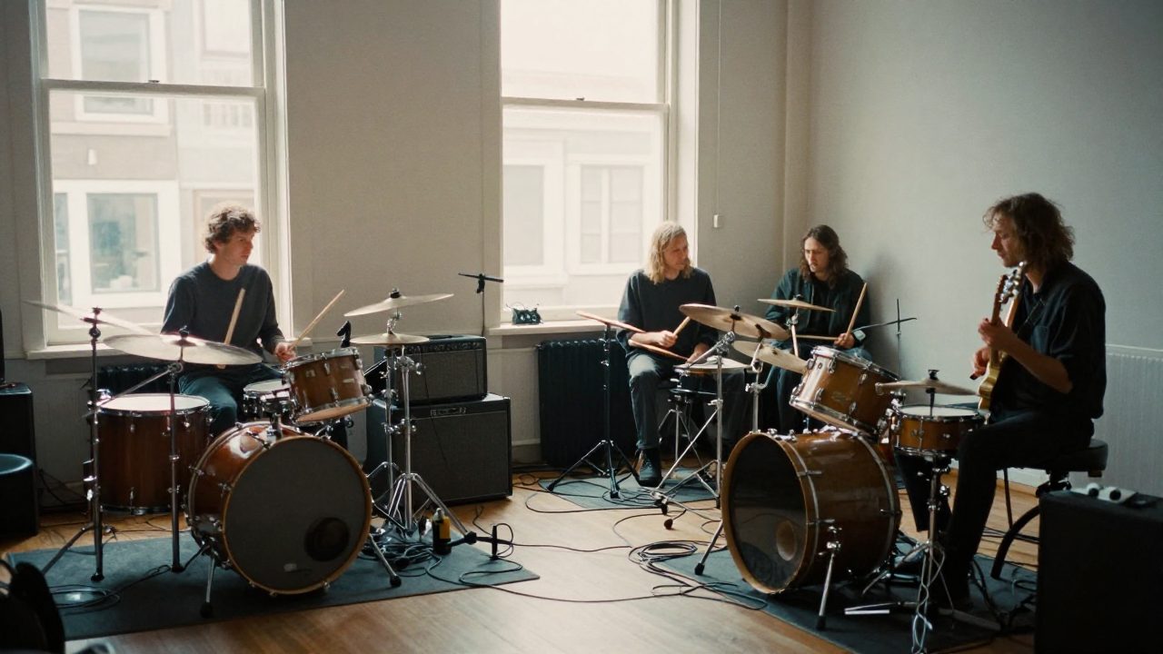 Band met drums en gitaar tijdens opname in ruime live room.