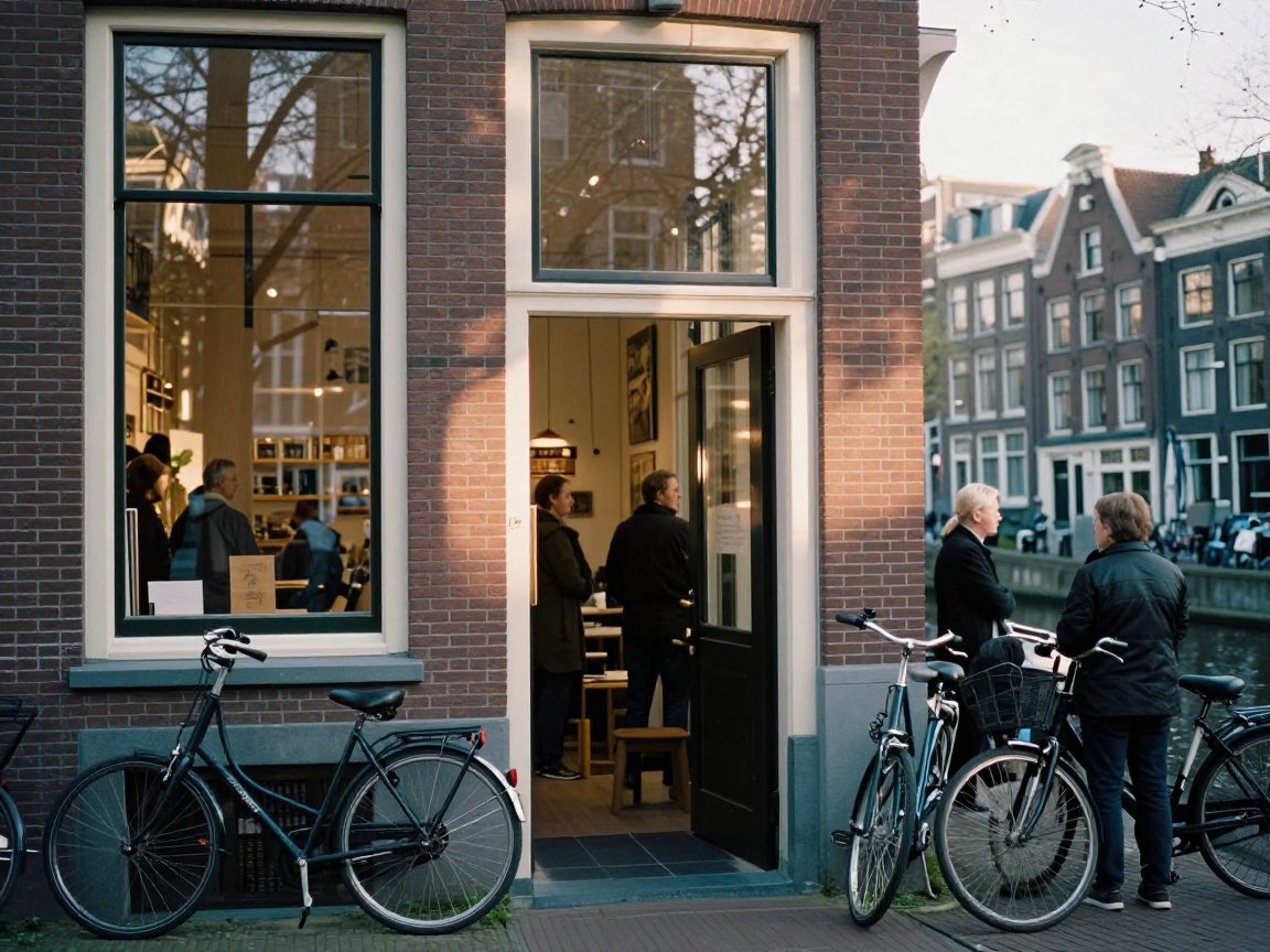 Bakstenen studio-ingang aan gracht met fietsen en Amsterdamse straat.