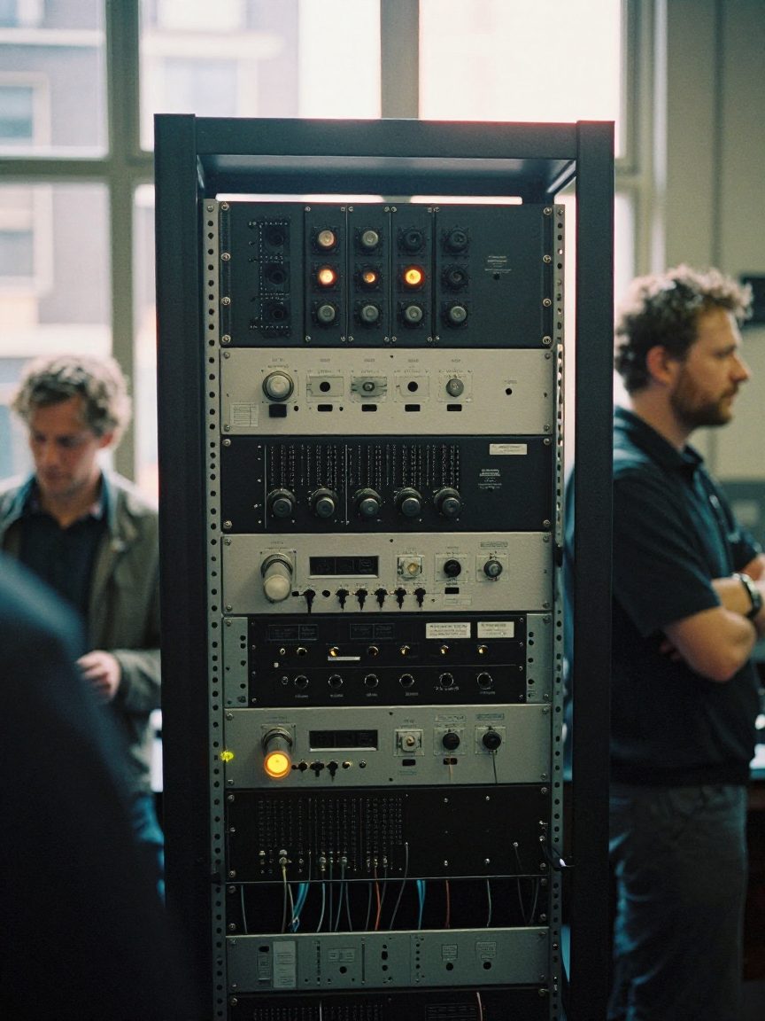 Verticaal beeld van netjes bekabelde rack met compressors en lampjes.