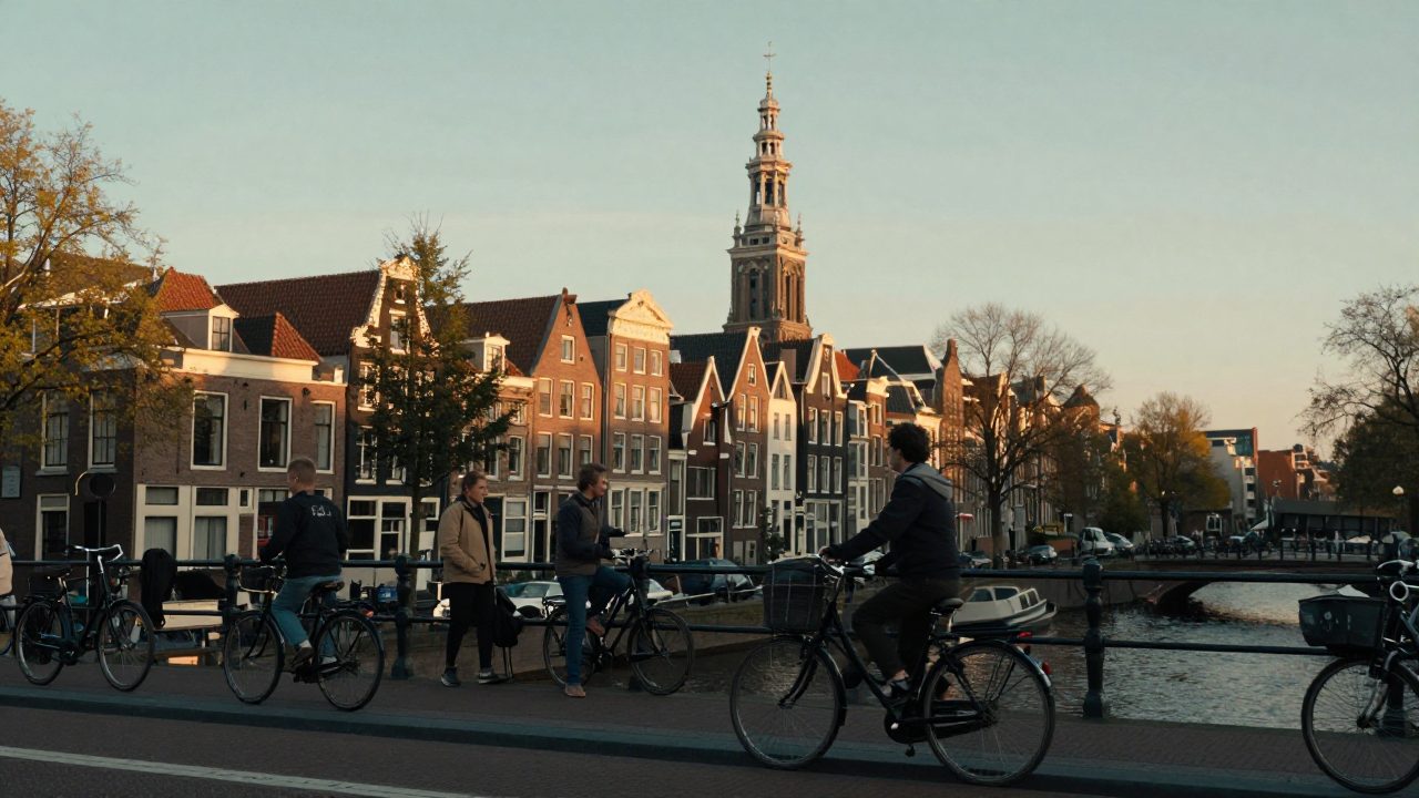 Breed uitzicht over Amsterdamse daken en grachten bij golden hour.