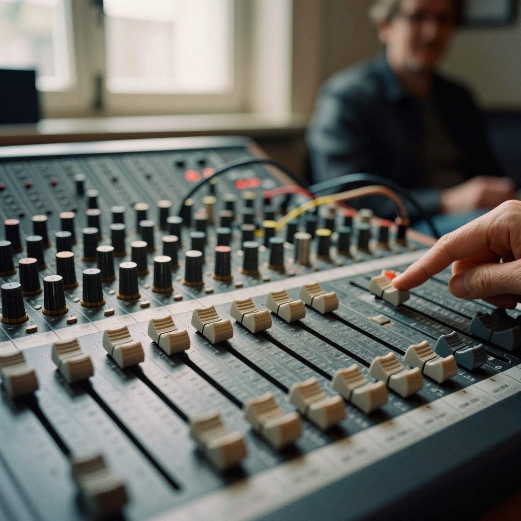 Macro van analoge faders en patchkabels op mengtafel.