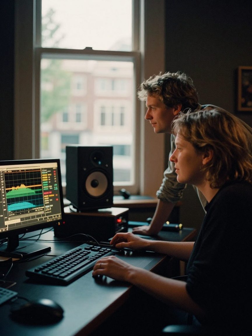 Mastering engineer bij studiomonitors aan opgeruikt bureau in avondlicht.