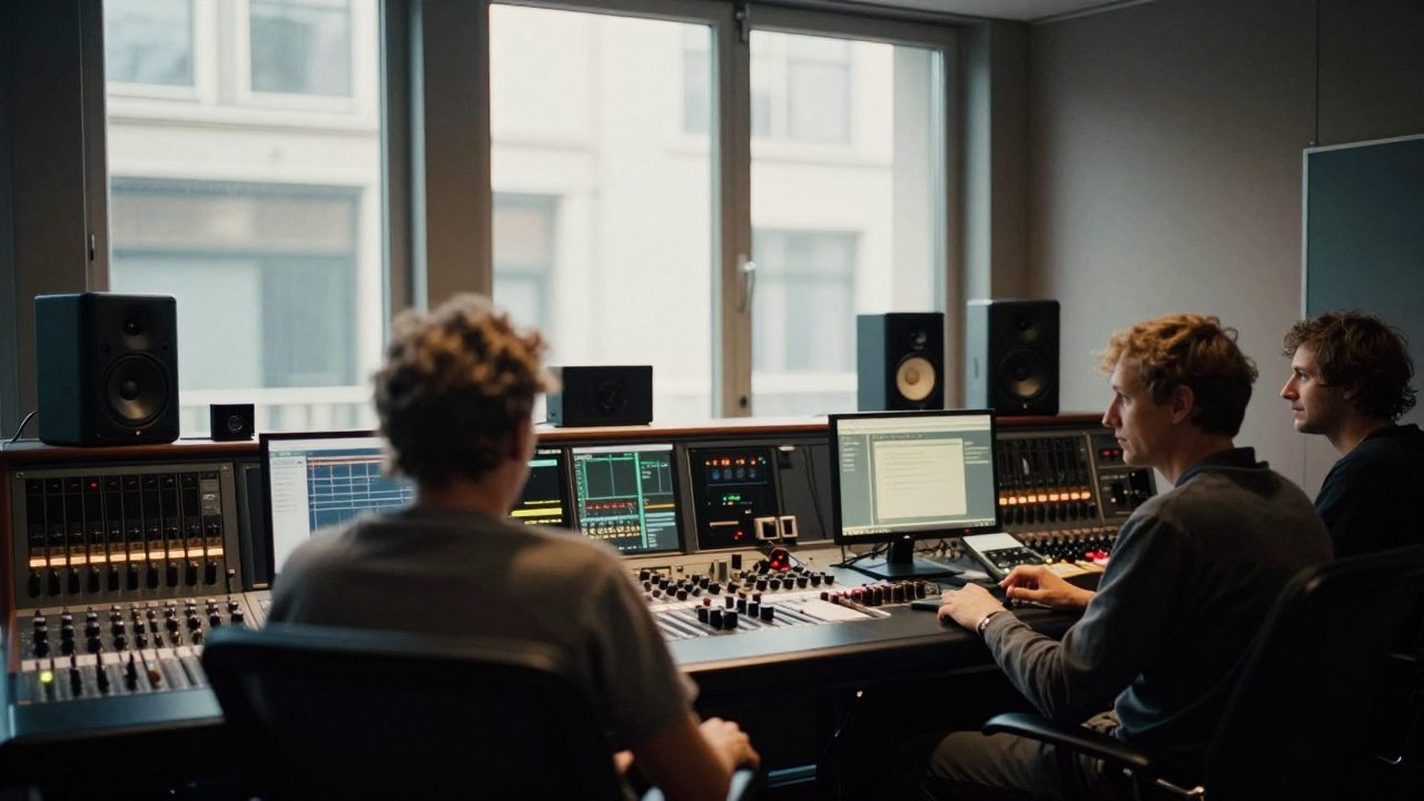 Mix engineer achter mengtafel en monitors in donkere control room.