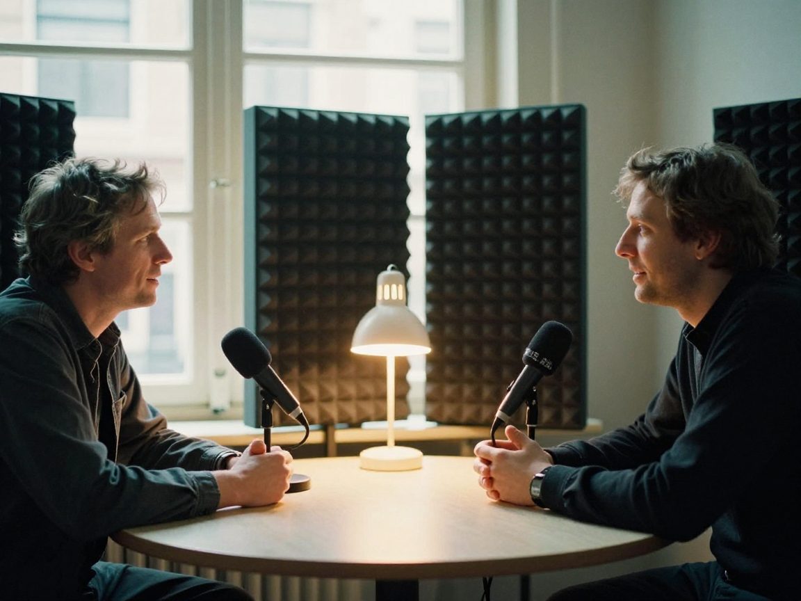 Twee podcasthosts met microfoons aan ronde tafel en akoestische panelen.