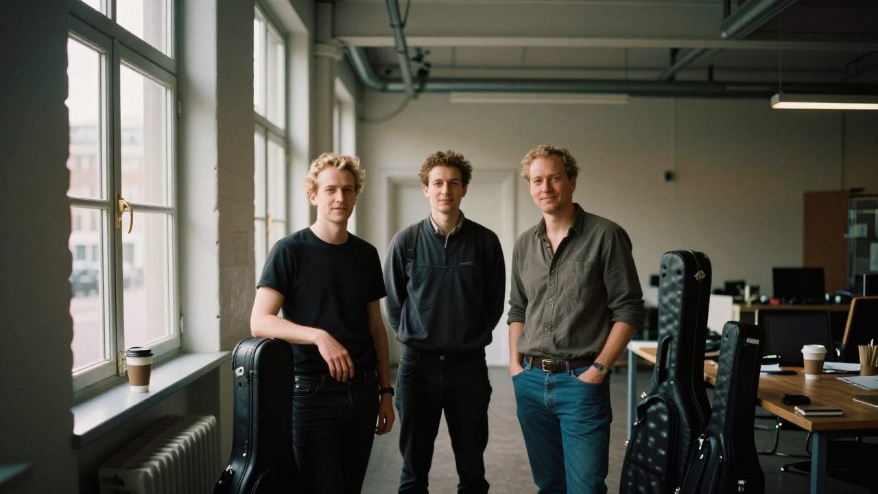 Drie studio medewerkers in gang met koffie en instrumentenkoffers.